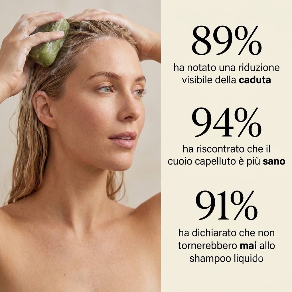 89% ha notato una riduzione visibile della caduta, 94% cuoio capelluto più sano, 91% non tornerebbe allo shampoo liquido